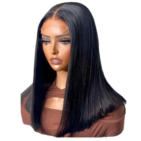 A straight black bob wig with a lace front on a mannequin head.