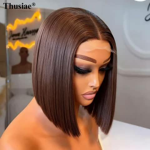 A straight brown bob wig with a centre part on a mannequin head.