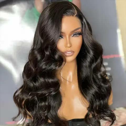 A black body-wave wig with a side part on a mannequin head.