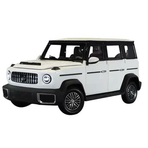 White boxy SUV with round headlights, studio shot