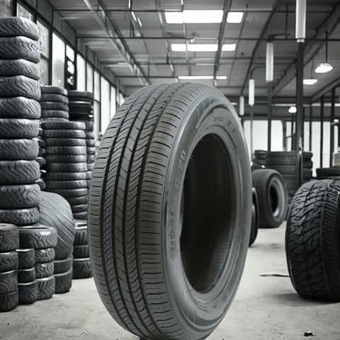 Single car tyre close-up with stacks behind