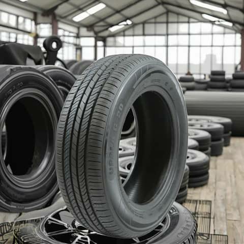 Single car tyre in a tyre warehouse