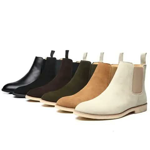Chelsea boots lined up in five colours.