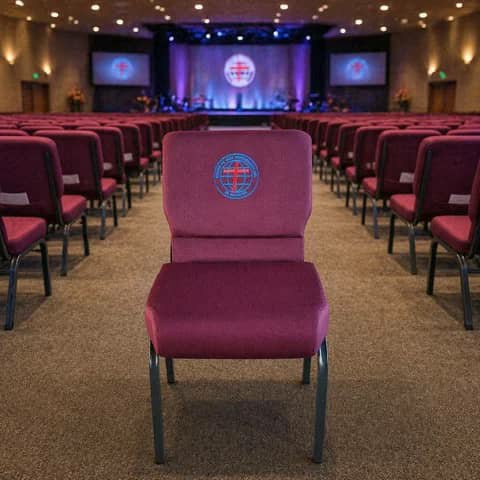 Burgundy church chairs in an auditorium