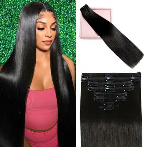 Collage of long straight black clip-in hair extensions shown worn, as a weft, and as clip pieces.