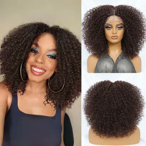 A short dark curly wig shown worn, on a mannequin, and from behind.