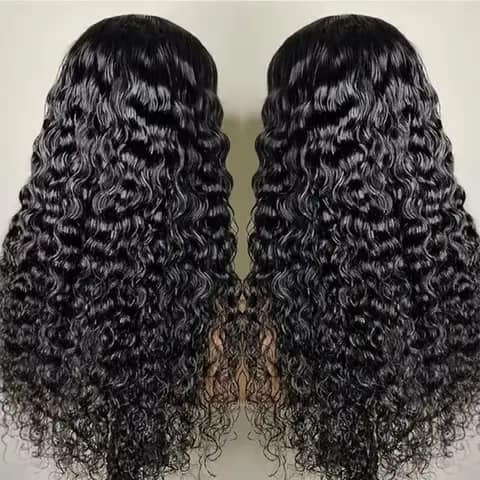 The back of a long black deep-wave wig, shown as a mirrored pair.