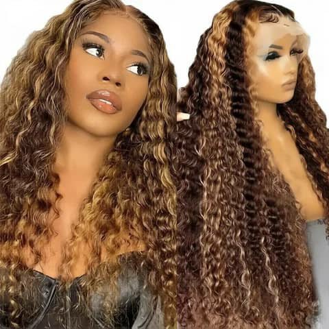 A long deep-wave wig with brown and blonde highlights shown worn and on a mannequin.