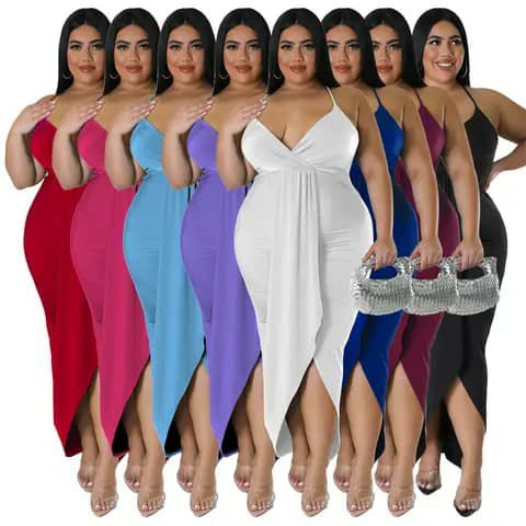 A row of women wearing cowl-neck slip dresses in red, pink, light blue, purple, white, dark blue, burgundy, and black.