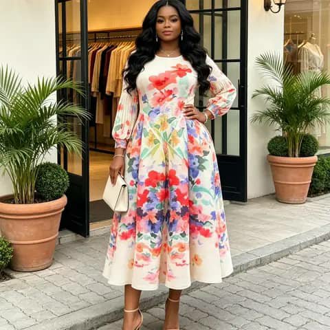 A woman wearing a long floral dress with long sleeves and a full skirt outdoors.