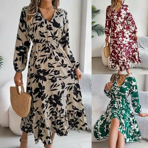 Collage showing the same floral wrap dress in beige with black flowers, burgundy with white flowers, and green with white flowers.