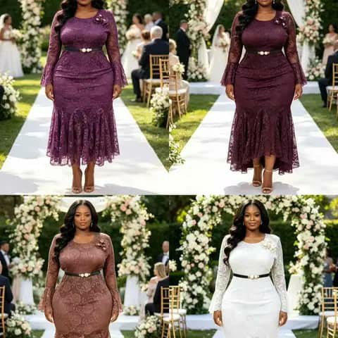 Collage of a long-sleeve lace mermaid dress with a belt shown in purple, plum, brown, and white at a wedding.