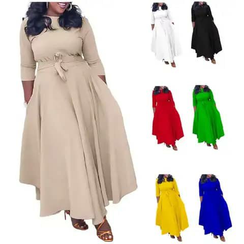 Collage of a long flare dress with a tied waist shown in beige, white, black, red, green, yellow, and blue.