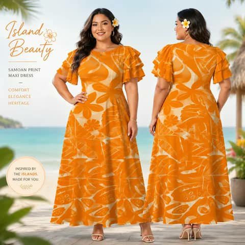 A woman wearing an orange floral-print maxi dress, front and back views, at a beach.