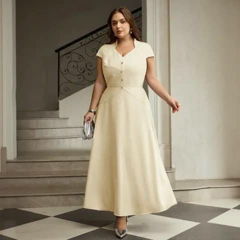 A woman wearing a cream short-sleeve button-front midi dress indoors.