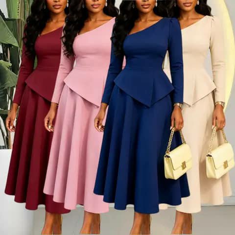Four women wearing one-shoulder peplum dresses in burgundy, pink, navy, and beige.
