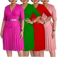 Four women wearing short pleated wrap dresses with belts in pink, green, red, and light pink.