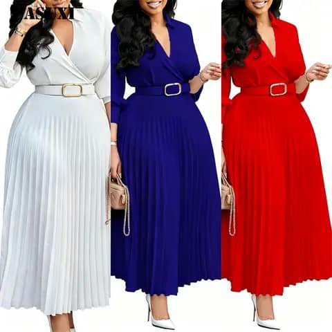 Three women wearing pleated wrap dresses with belts in white, royal blue, and red.