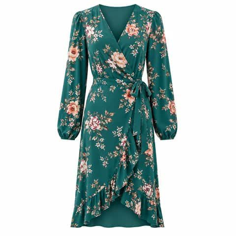 A green floral wrap dress with long sleeves and a waist tie, shown on a white background.
