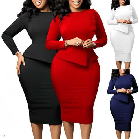Women wearing fitted peplum dresses in black, red, white and navy.