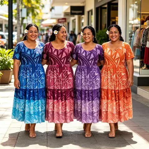 Four women wearing tiered maxi dresses in blue, pink, purple and orange with a tribal print, outdoors.