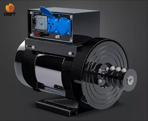 Black dynamo generator with blue outlets, meter and belt pulley