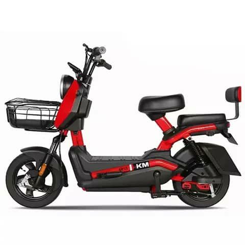 Red and black electric scooter with front basket