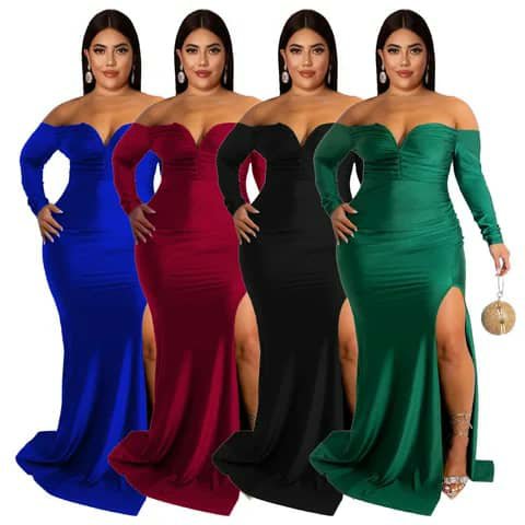 Four women wearing off-shoulder mermaid evening gowns in blue, red, black and green.