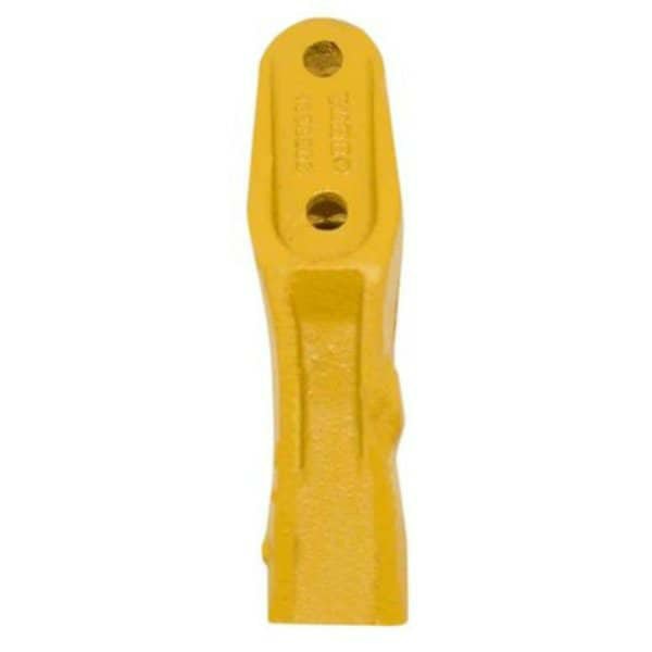 A single yellow excavator bucket tooth with two bolt holes on a white background.