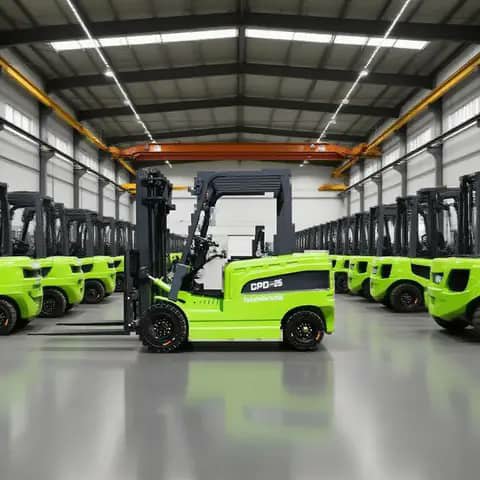 Green electric forklift CPD-25 in a row of forklifts