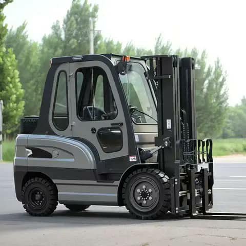Grey forklift parked outdoors