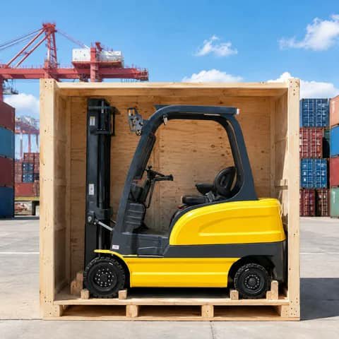 Yellow forklift in a wooden crate at a port