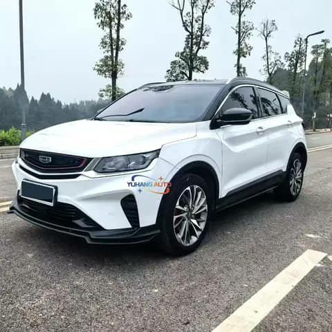 White Geely SUV, front view