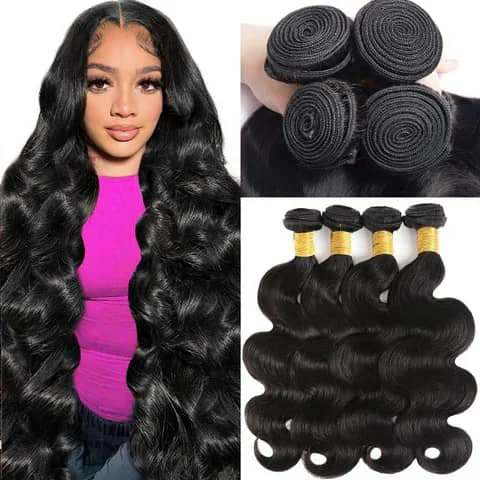 A woman wearing long wavy black hair beside four bundles of the same wavy black hair.