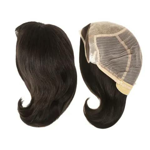 Dark wavy wig, front view and cap interior
