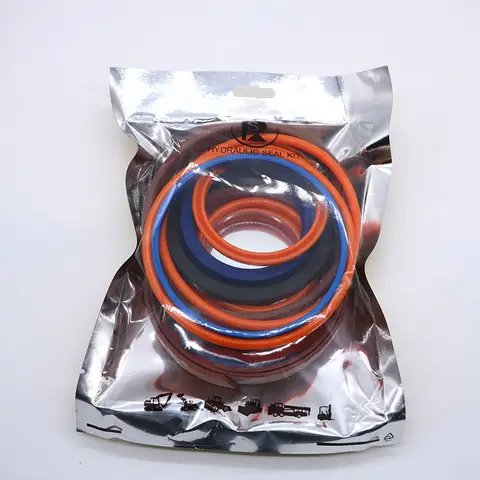 A hydraulic seal kit of coloured rings inside a sealed plastic bag.