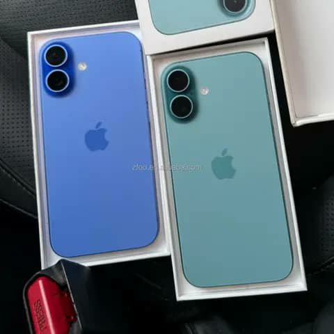 Two iPhones in open boxes, blue and teal