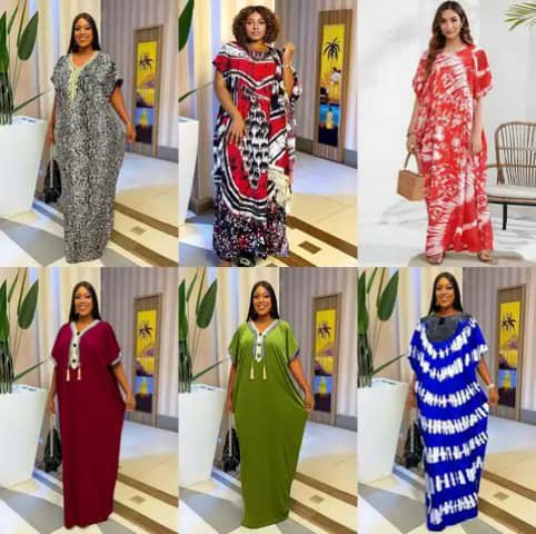 Six long loose kaftan dresses in different prints and colours worn by women.