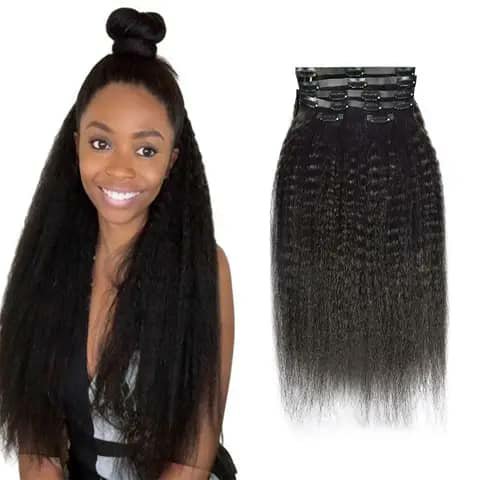 A woman wearing long kinky-straight black hair beside a clip-in extension piece.