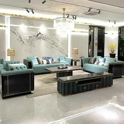 Turquoise living room set with sofas, coffee table and TV stand