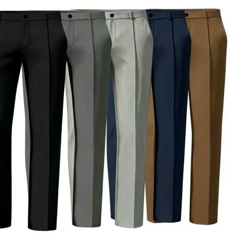 Men's dress trousers lined up in five colours.