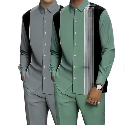 Two men's shirt and trouser outfits, in grey and in green.