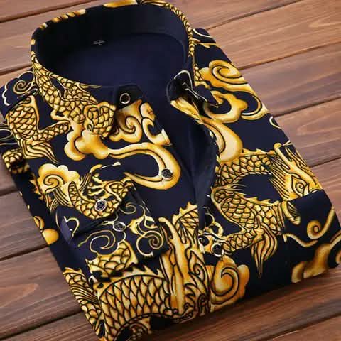A navy shirt with a gold dragon print.