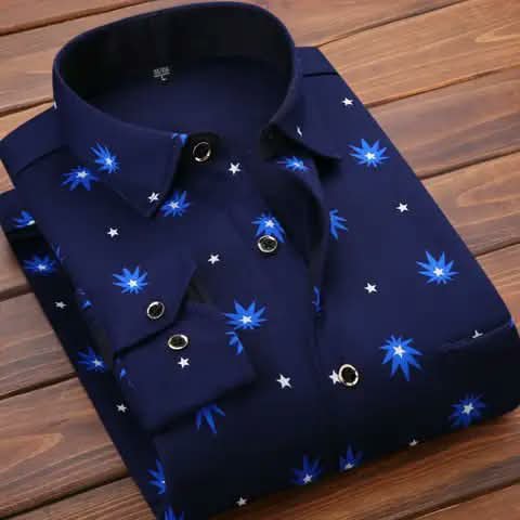 A navy shirt with a blue and white star print.
