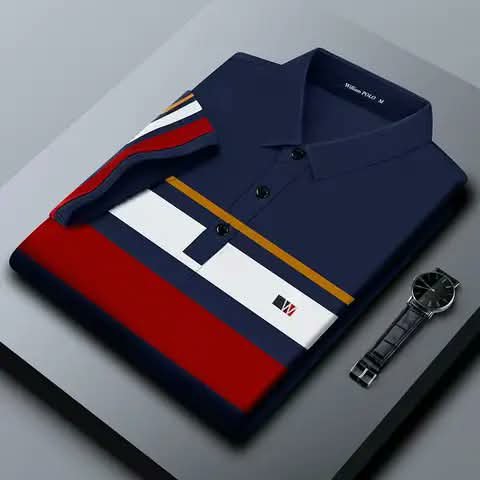 A navy polo shirt with red and white stripes, beside a watch.