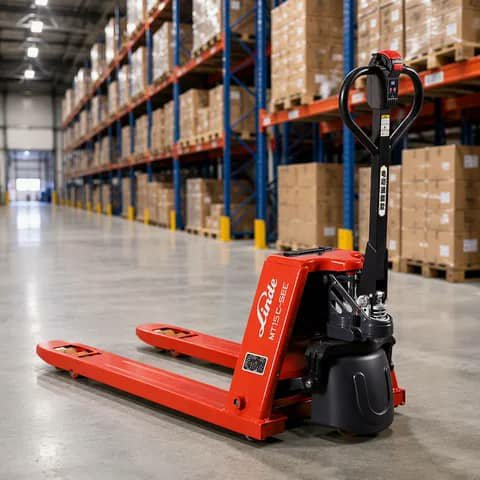 Red Linde electric pallet jack in a warehouse