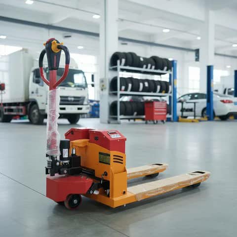 Red and orange pallet jack in a garage