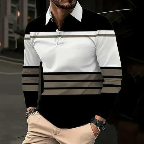 Striped long-sleeve polo with beige trousers