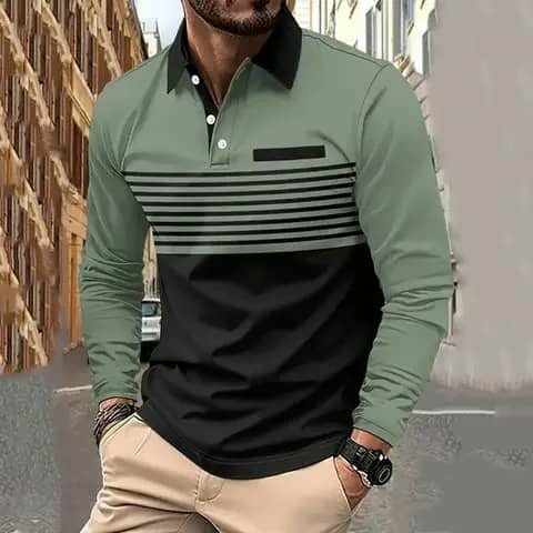 Striped long-sleeve polo with beige trousers