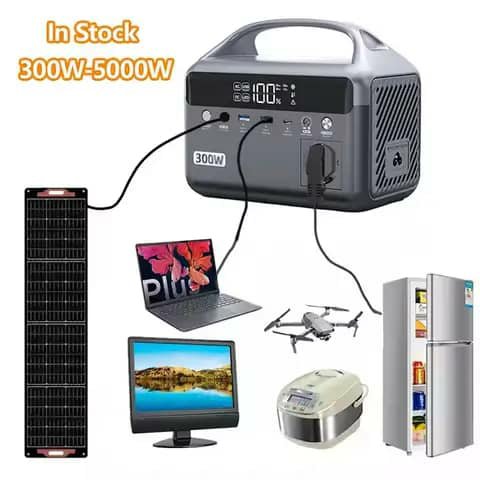 Portable power station 300W with solar panel, shown with laptop and fridge